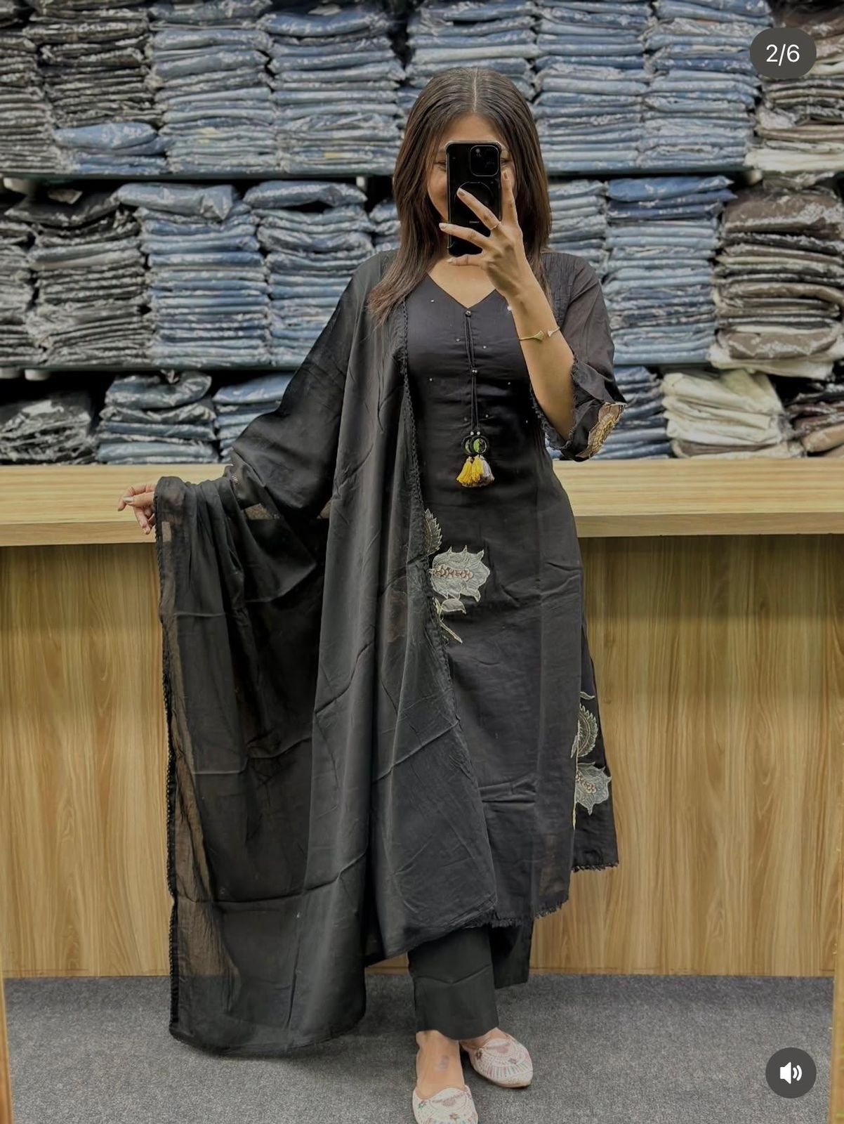 Black Embroidered Cotton Kurti Palazzo Dupatta Set